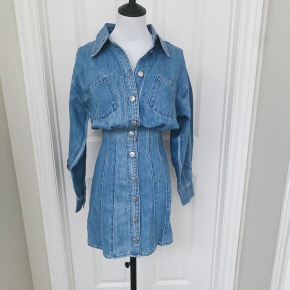 NWT Women's Long Sleeve Blue Denim Shirt Dress Classic Button Down Jean Shirt - Picture 7 of 7